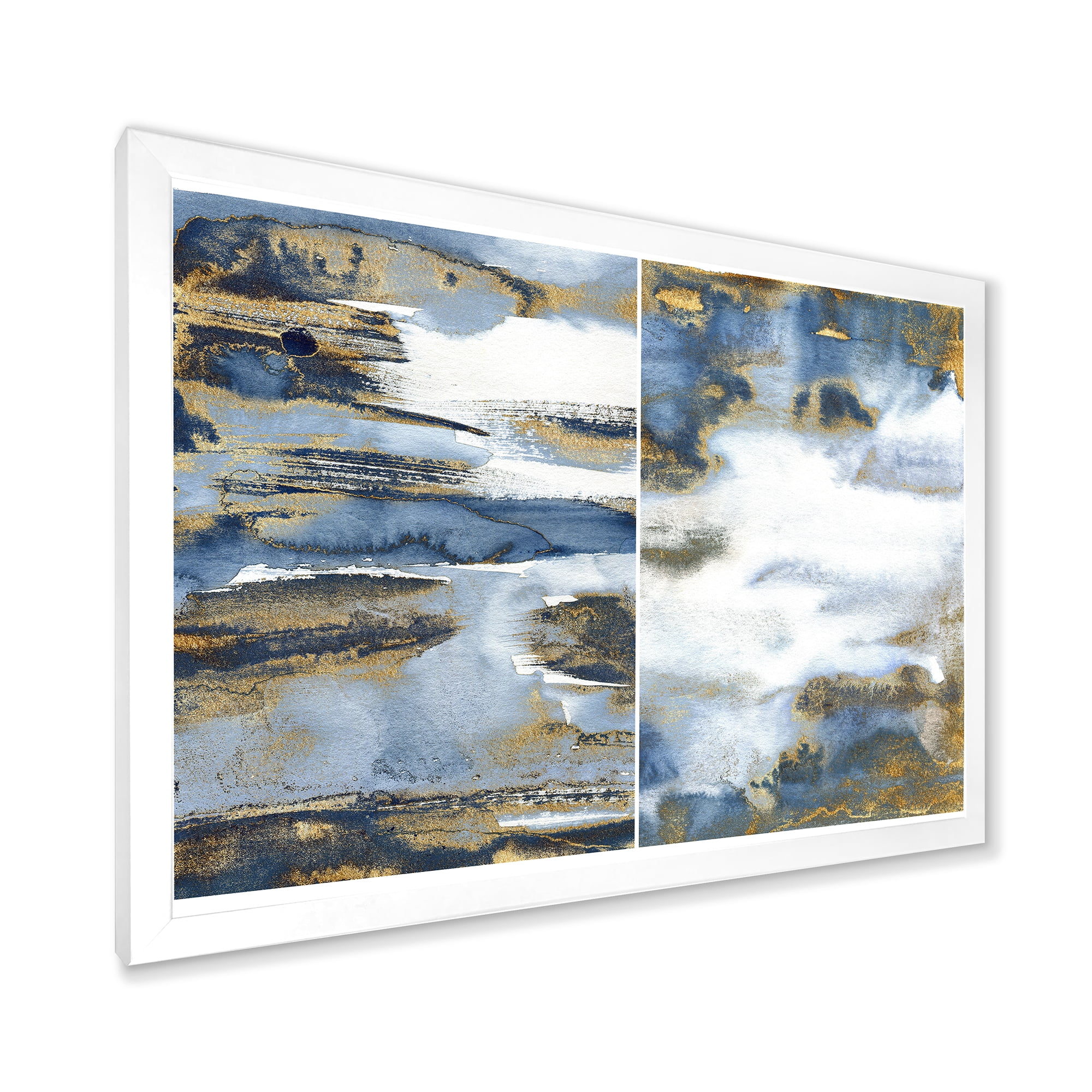 Designart 'Gold and Dark Blue Abstract Waves III' Modern Framed Art Print