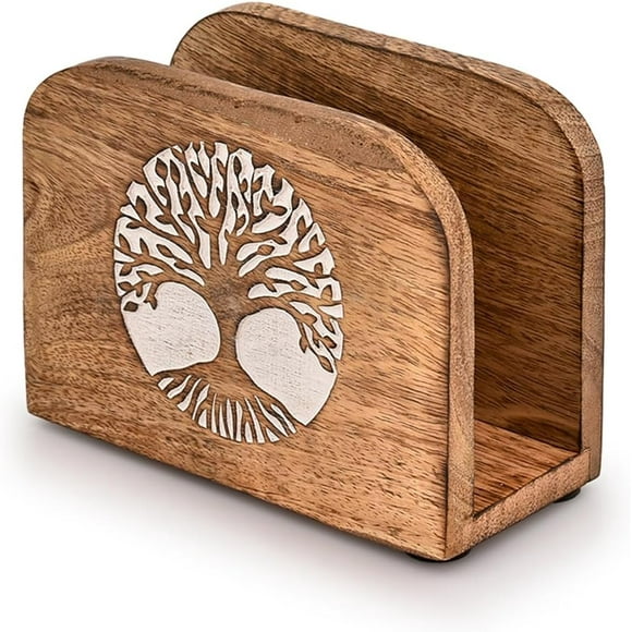 Napkin Holders Mango Wood Tree of Life Tissue Paper Holder Upright Paper Napkin Storage for Indoor & Outdoor Use (5.5" X 2.5" X 4")