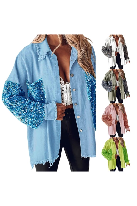 Oversized Sequin Sleeve Denim Jacket for Women, Frayed Edge Button Down, Casual Everyday Long Sleeve Outerwear, 1 Piece, S-XXL, Plus Size Friendly