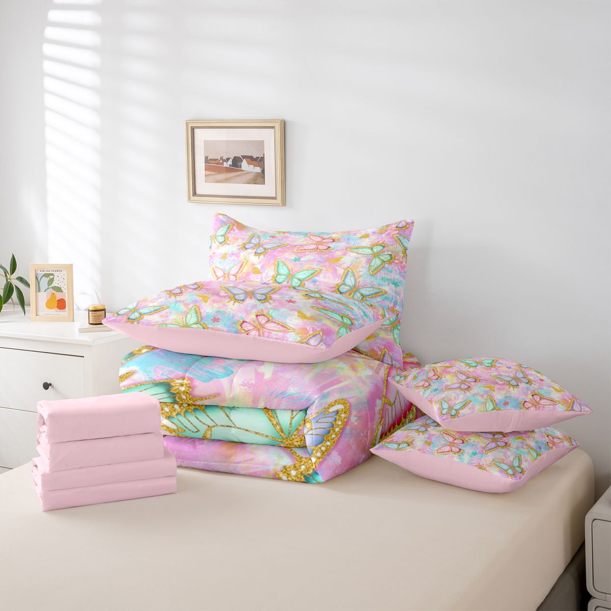 jejeloiu Kawaii Flying Butterfly 7-Piece Bedding Comforter Set,Watercolor Graffiti Artwork King Bedding Sets,Colorful Gradient Bed Sheets For Girls,Microfiber Bedroom Decor Reversible
