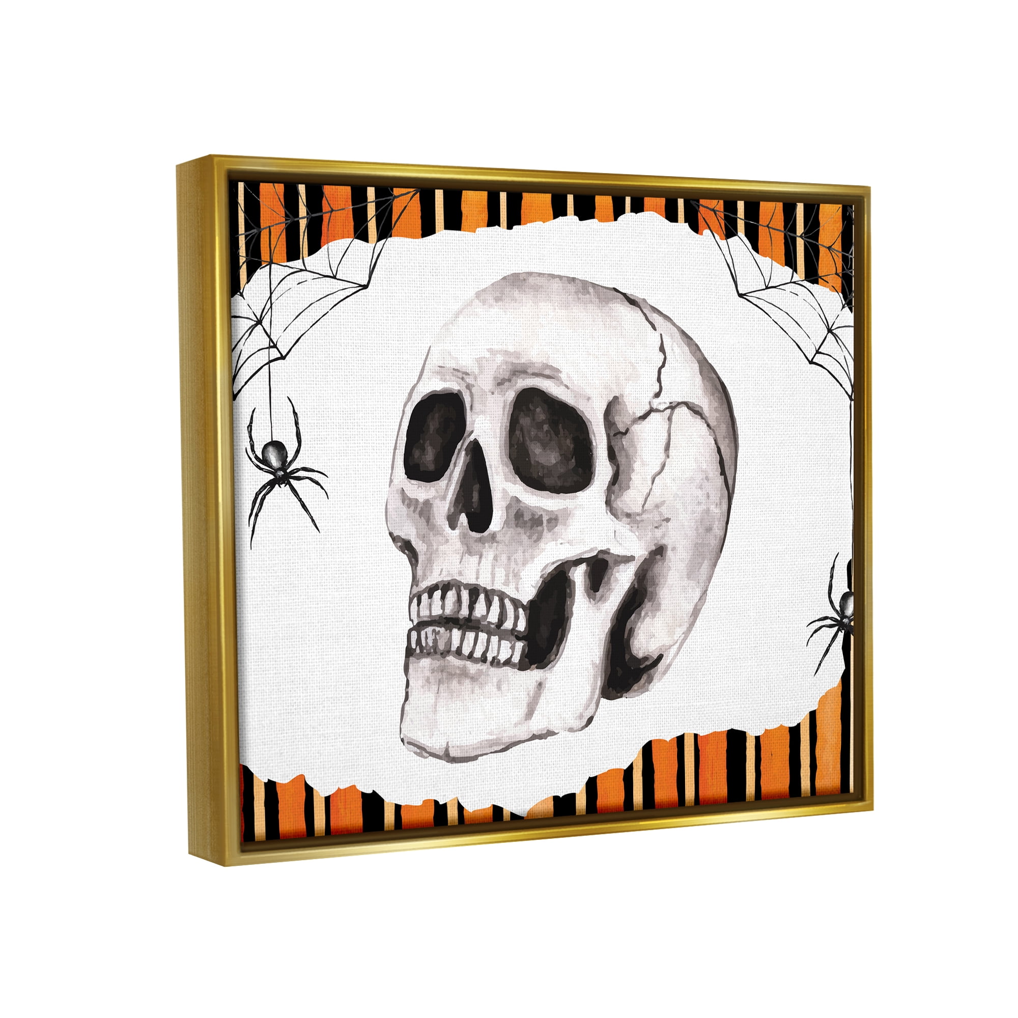 Stupell Industries Orange & Black Striped Skull Holiday Painting Gold Floater Framed Art Print Wall Art