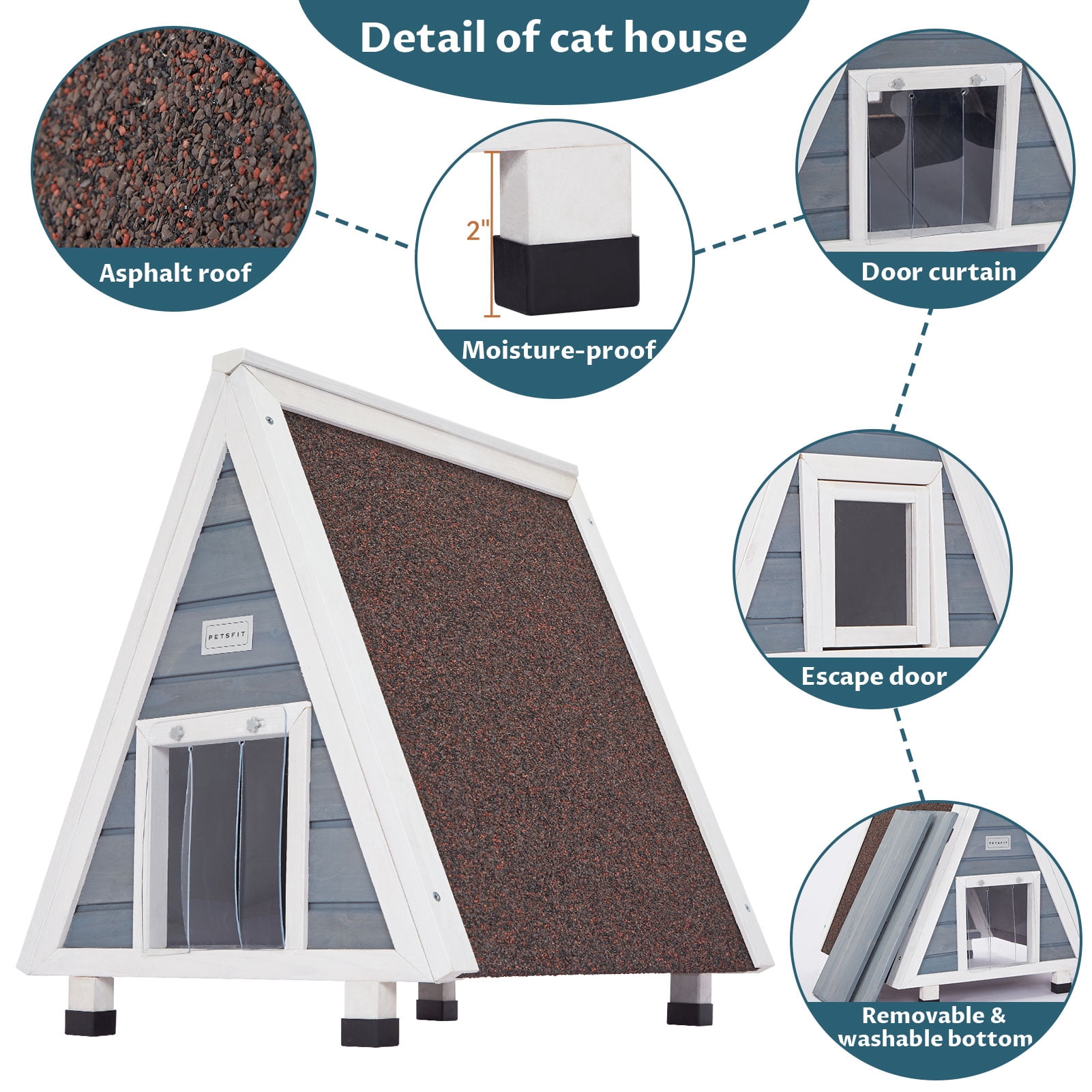 Petsfit Outdoor Cat House, Weatherproof Cat Shelter with Escape Door for Winter, Suitable for Small Animals, Grey