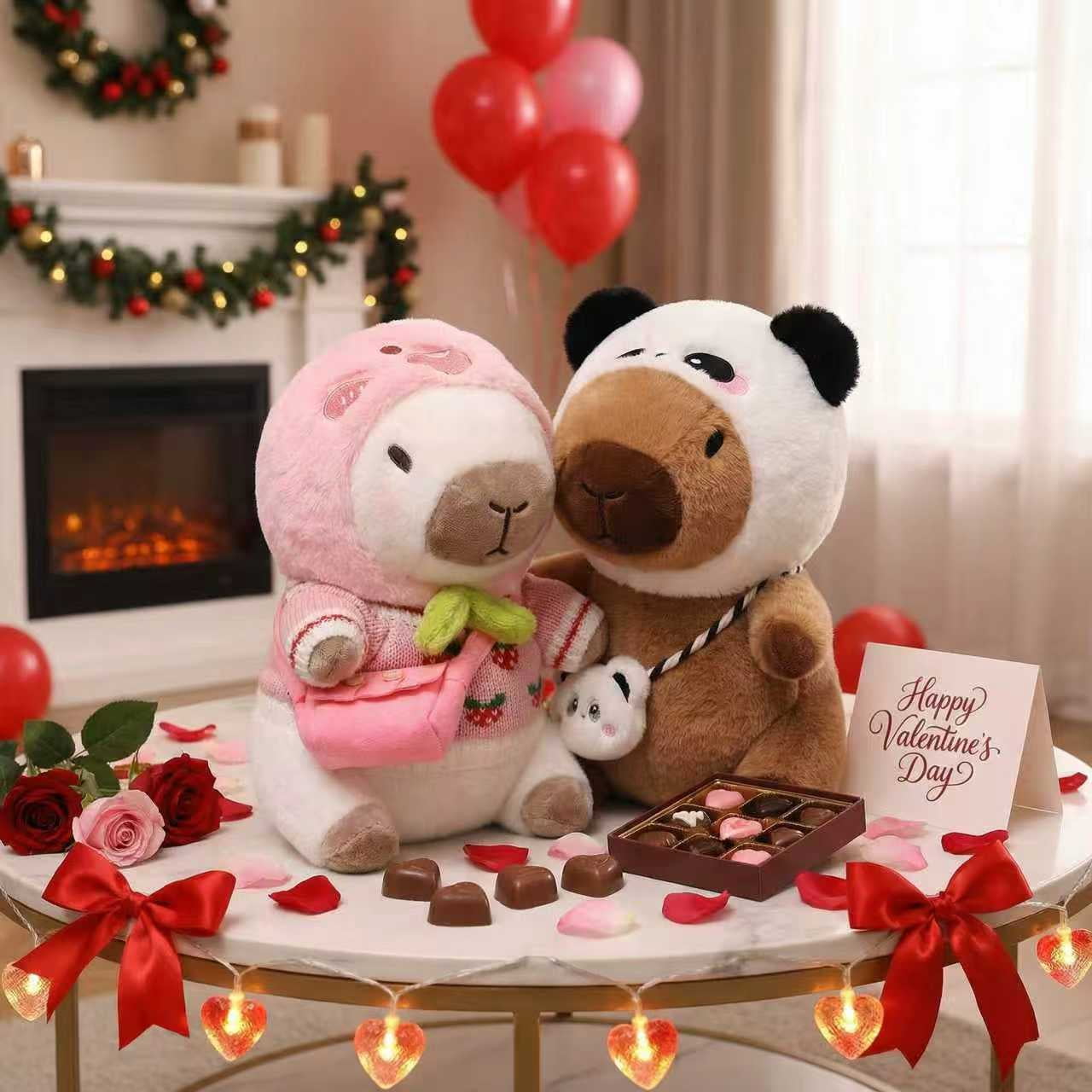 Valentine’s Day 2-Pack Capybara Plush Stuffed Animals, Matching Hooded Outfits & Crossbody Bags, 10.4-Inch Soft Plush Toy Couple Set, Cute Gift for Kids & Teens