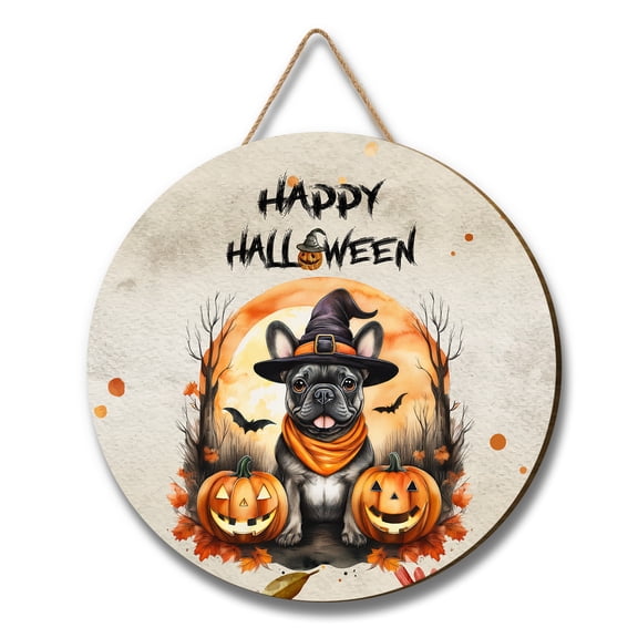 Happy Halloween French Bulldog Witches Hat Pumpkin Carving Round Wood Sign Dog Lover Gifts Hanging Wall Home Decor - 02019