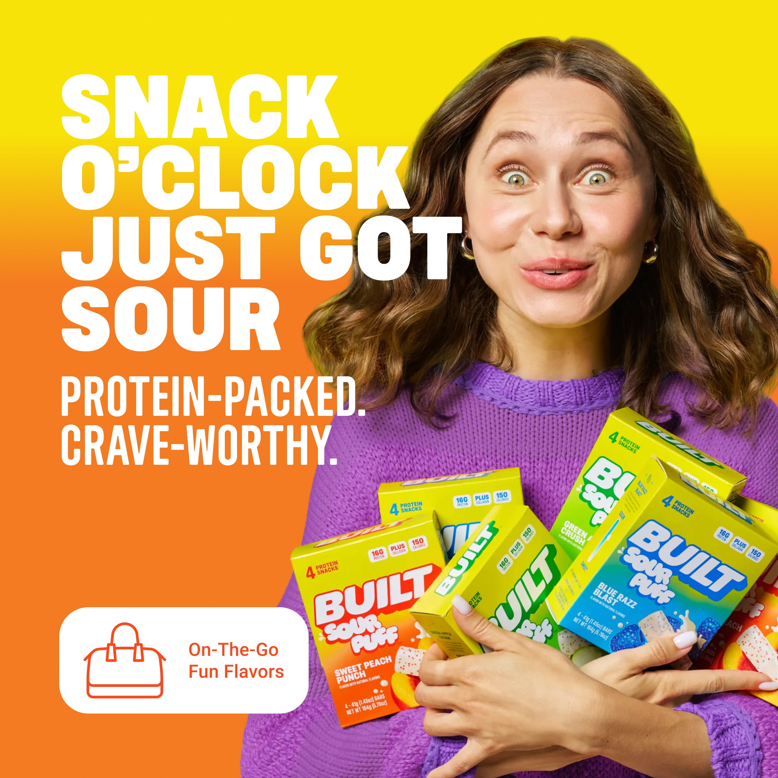 BUILT Bar Sour Puff Protein Bars, Sweet Peach Punch, Gluten Free, Sour Candy Snacks - 12ct