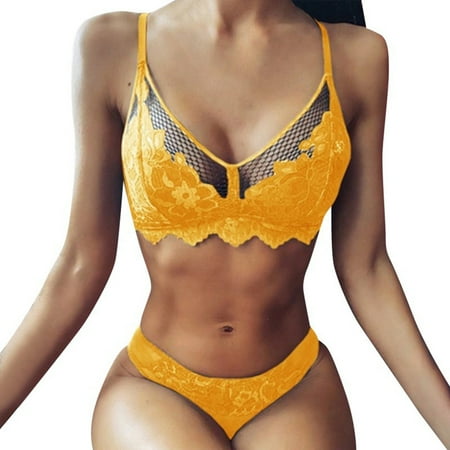 

rygai Floral Print Solid Color Bra Briefs Set Two-piece High Waist Panties Deep V-neck Underwear for Daily Wear Yellow XL