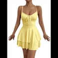 thumbnail image 3 of Vestido Mini de Fiesta Corto con Tirantes Finos y Lazo en la Espalda para Mujer, con Volantes Escalonados, Corte en A, y Ajustado. Amarillo L, 3 of 8