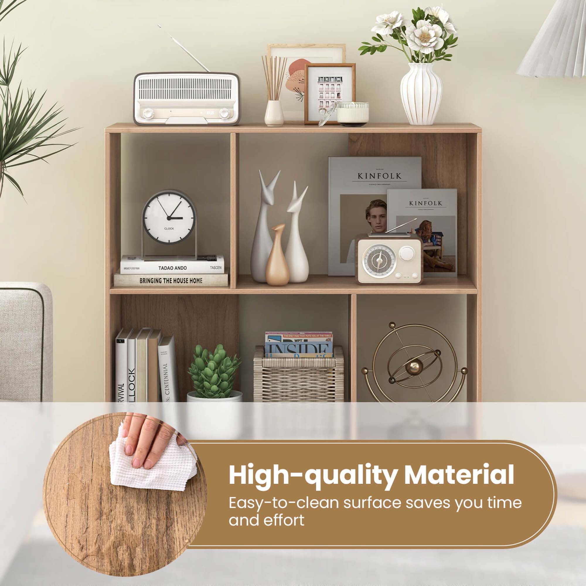 Costway Open Shelf Bookcase Mid Century Modern Cube Bookshelf with 4 Compartments Natural