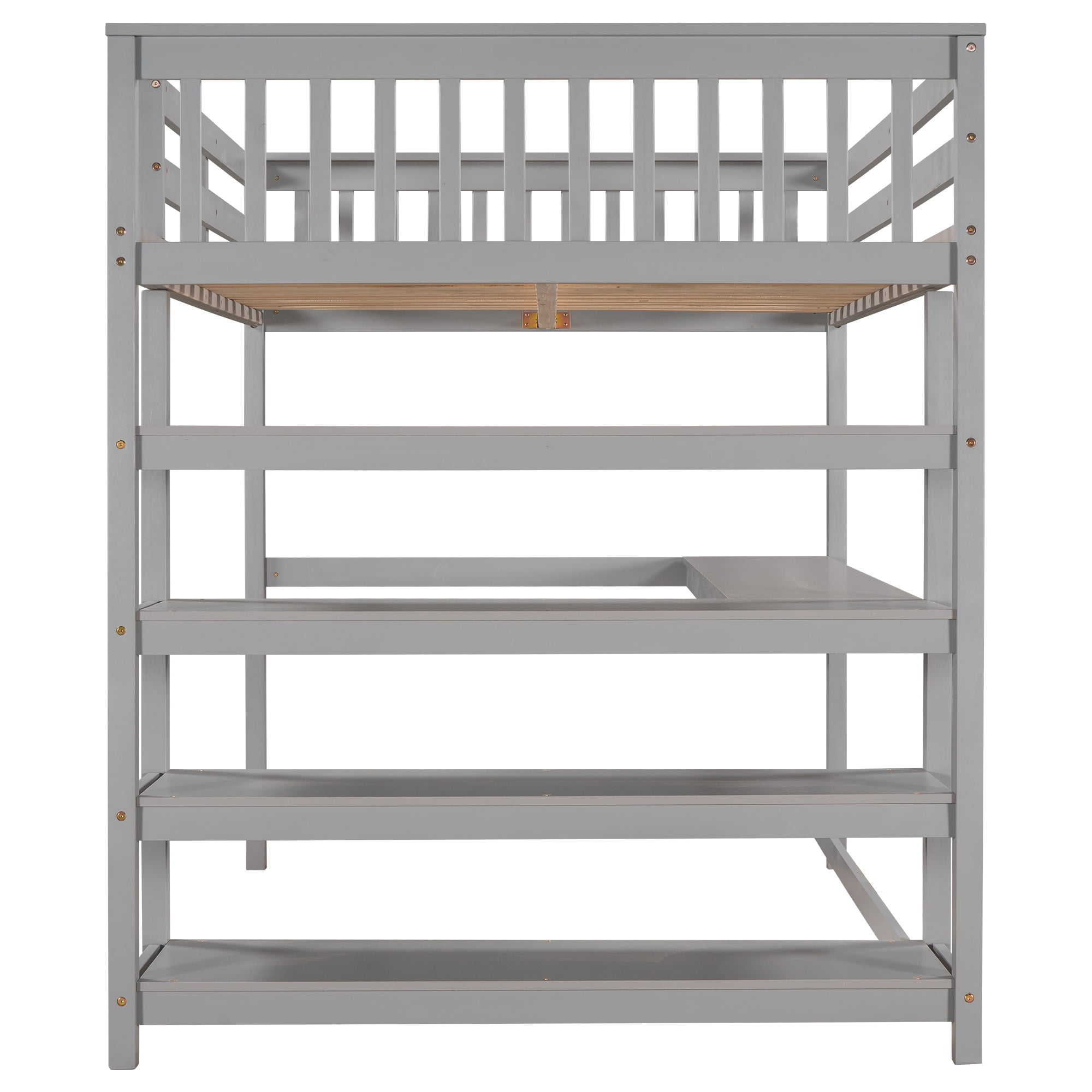 Euroco Solid Wood Full Loft Bed with Desk and 4-Tier Storage Shelves for Kids Bedrrom, Gray