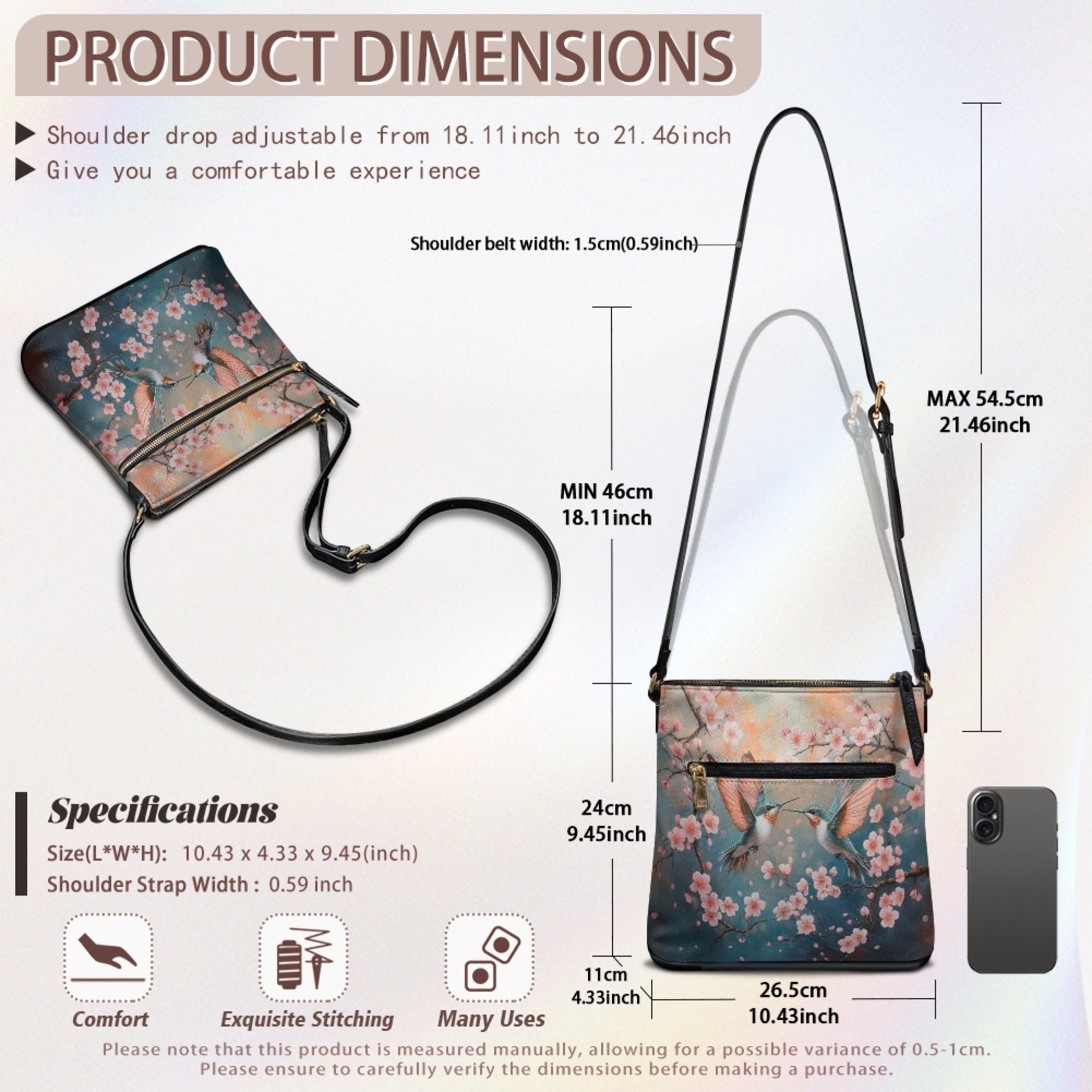 Kuiaobaty Hummingbird Print Crossbody Bag for Women, Cherry Blossom Print PU Leather Hobo Handbag with Adjustable Strap, Roomy Large Capacity Sling Purse Crossbody for Travel