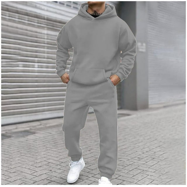Ceisia Men's Solid Color Hooded Tracksuit 2-Piece Set for Casual & Sports Wear Gray XXL Gifts