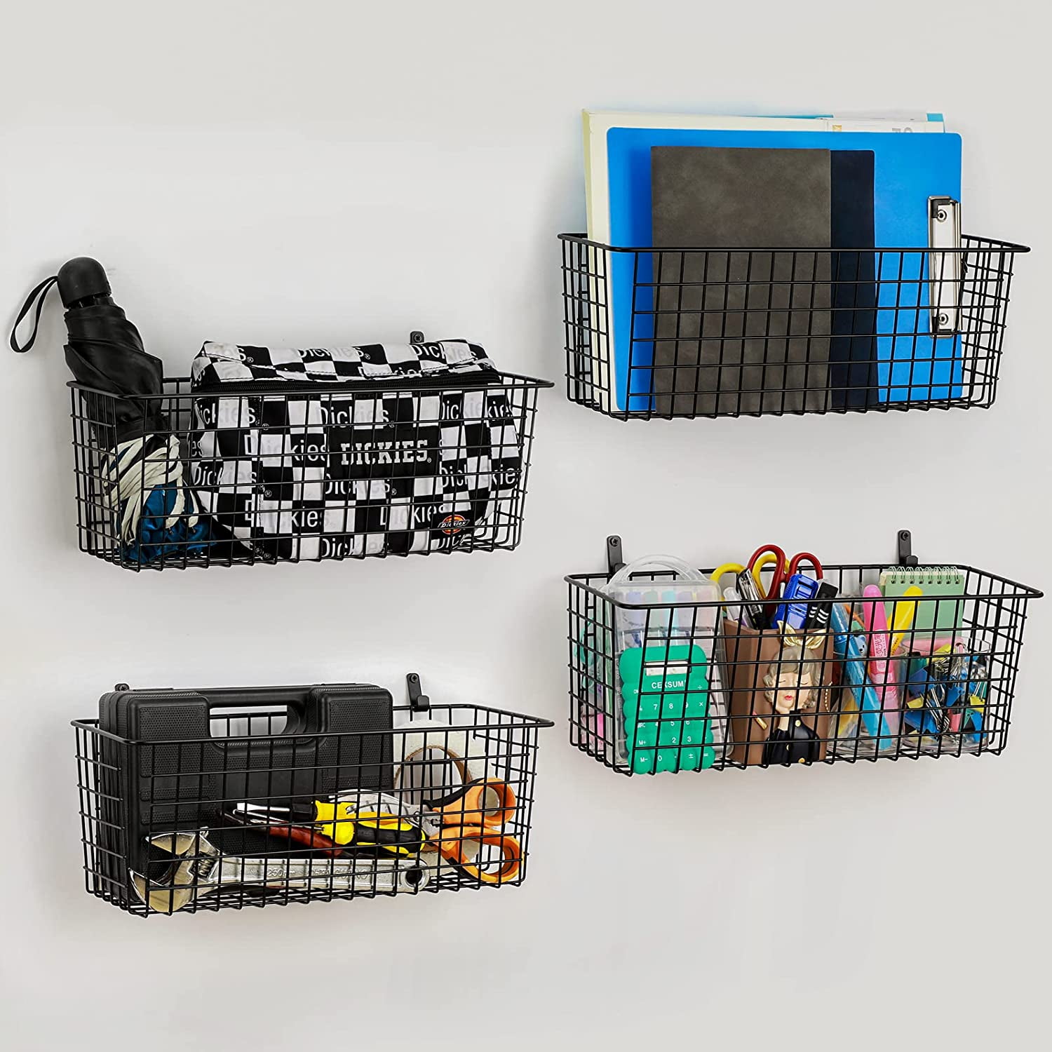 4 Set [EXTRA LARGE] Hanging Wall Mount Storage Baskets with Adhesive Hooks & Steel Hooks, Multiuse Sturdy Wire Metal Organizing Baskets for Home Kitchen Bathroom Pantry Utility Organizer, Black