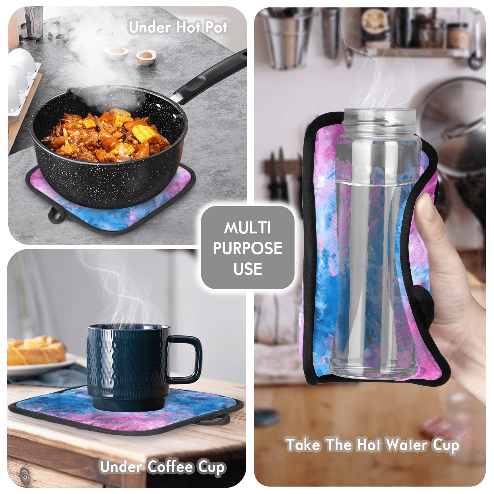 CURLYOOT Tie Dye Oven Mitts and Pot Holders Sets of 2, Non-Slip Washable Watercolor Textured Hot Pads and Oven Gloves for Kitchen Cooking Baking