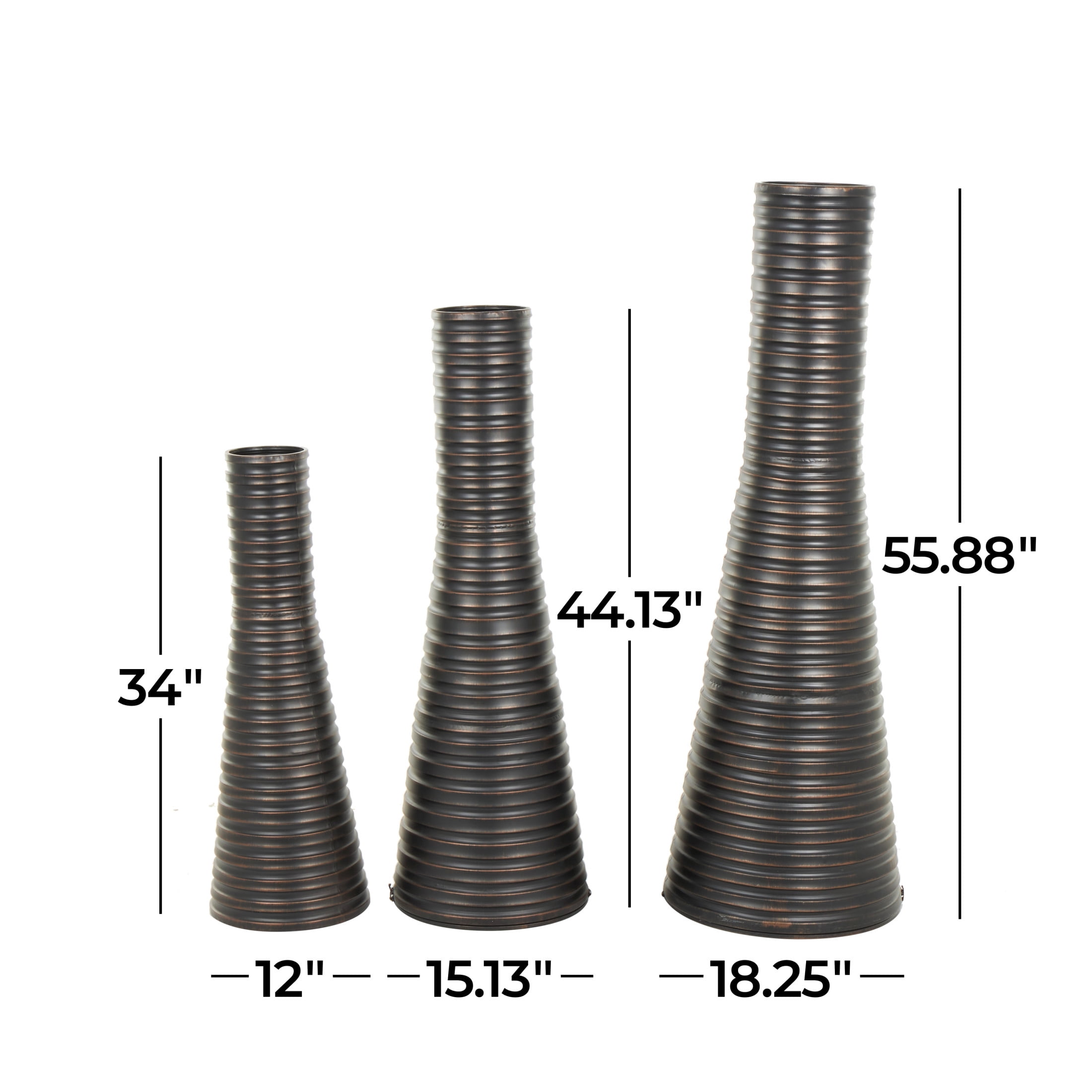DecMode 56", 44", 34"H Ribbed Tall Cone Floor Bronze Metal Vase with Horizontal Grooves, Set of 3