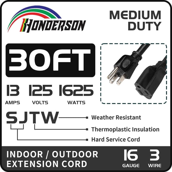 OTGFRF-30FT Outdoor Extension Cord-16/3 SJTW Durable Black Extension Cord for Christmas Lights with 3 Prong Grounded Plug for Safety,Great for Outside Christmas Decorations