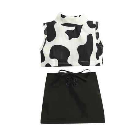

IZhansean Toddler Baby Girl Summer Outfits Sleeveless Cow Print Ribbed Crop Tops Shirt High Waist Floral Mini Skirt Set Black 1-2 Years