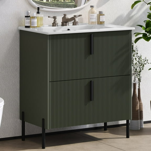 30-inch bathroom vanity with ceramic sink and full-extension drawer, soft-close undermount drawer slides, groove design, sturdy and stable, green