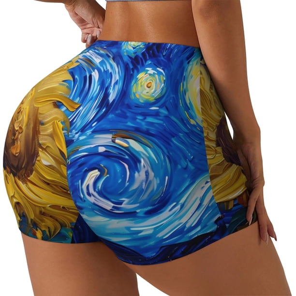Fotbe Whimsical Sunflowers Night Sky Shorts Sin Costuras – Shorts Deportivos de Cintura Alta para Mujer, Elásticos para Gimnasio, Yoga, Running o Ciclismo-Medium
