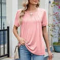 thumbnail image 2 of Camiseta informal de mujer de color liso con cuello redondo y abertura en la espalda - Top holgado de manga corta con encaje - Suave, elástica, ideal para primavera/verano/otoño, 2 of 7