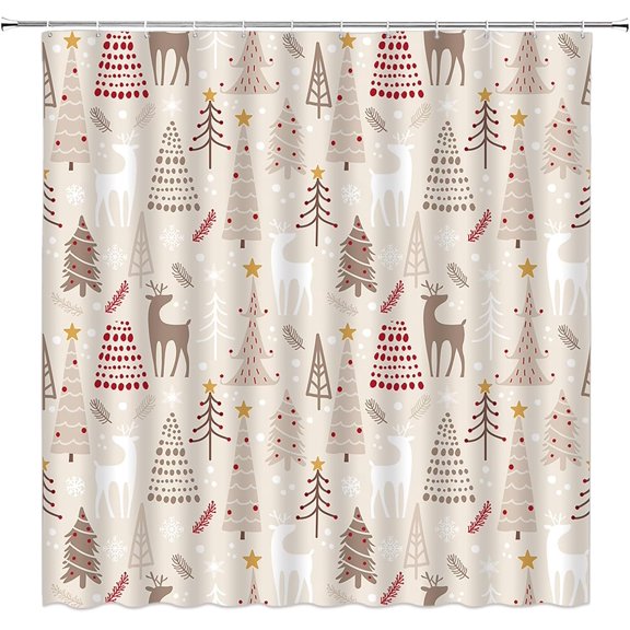 Christmas Shower Curtain Pine Tree Deer Reindeer Snowflake Winter Holiday Xmas Festival Wildlife Beige Extra Long Bathroom Home Curtain with Hooks,70x84 Inch