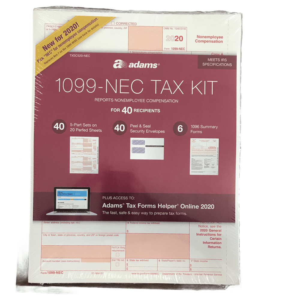 Adams 1099NEC 2020 Tax Forms Kit W/Tax Forms Helper Online, 40/pack