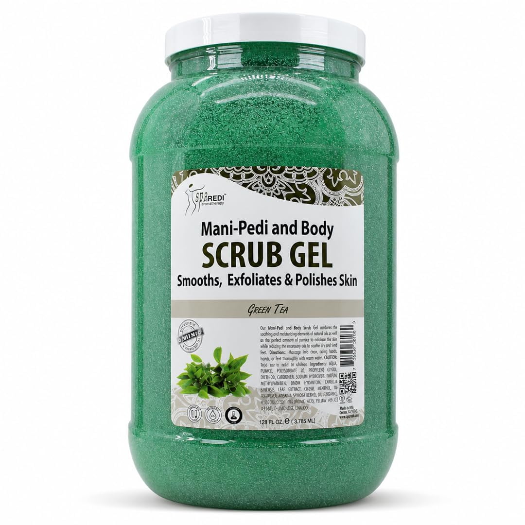 SPA REDI - Exfoliating Scrub Pumice Gel, Green Tea, 128 Oz - Manicure, Pedicure and Body Exfoliator Infused with Hyaluronic Acid, Amino Acids, Panthenol and Comfrey Extract