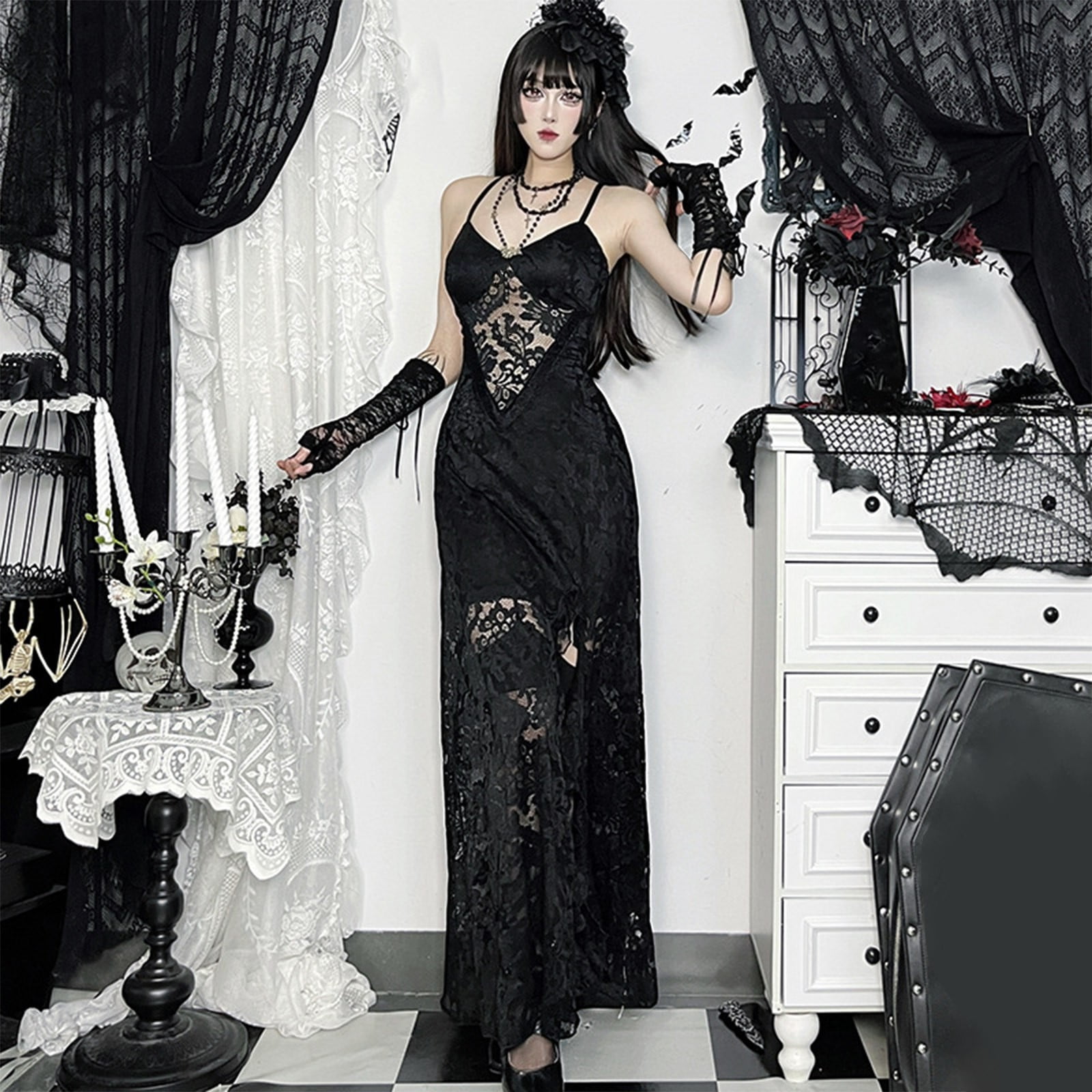 FYEGRE Elegant Gothic Lace Maxi Dress For Evening Gown With Spaghetti  Straps And Side Slit Design Black M - Walmart.com