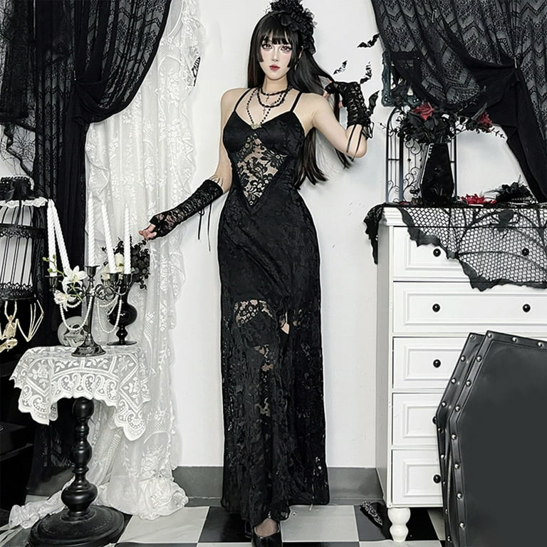 FYEGRE Elegant Gothic Lace Maxi Dress For Evening Gown With Spaghetti  Straps And Side Slit Design Black S - Walmart.com