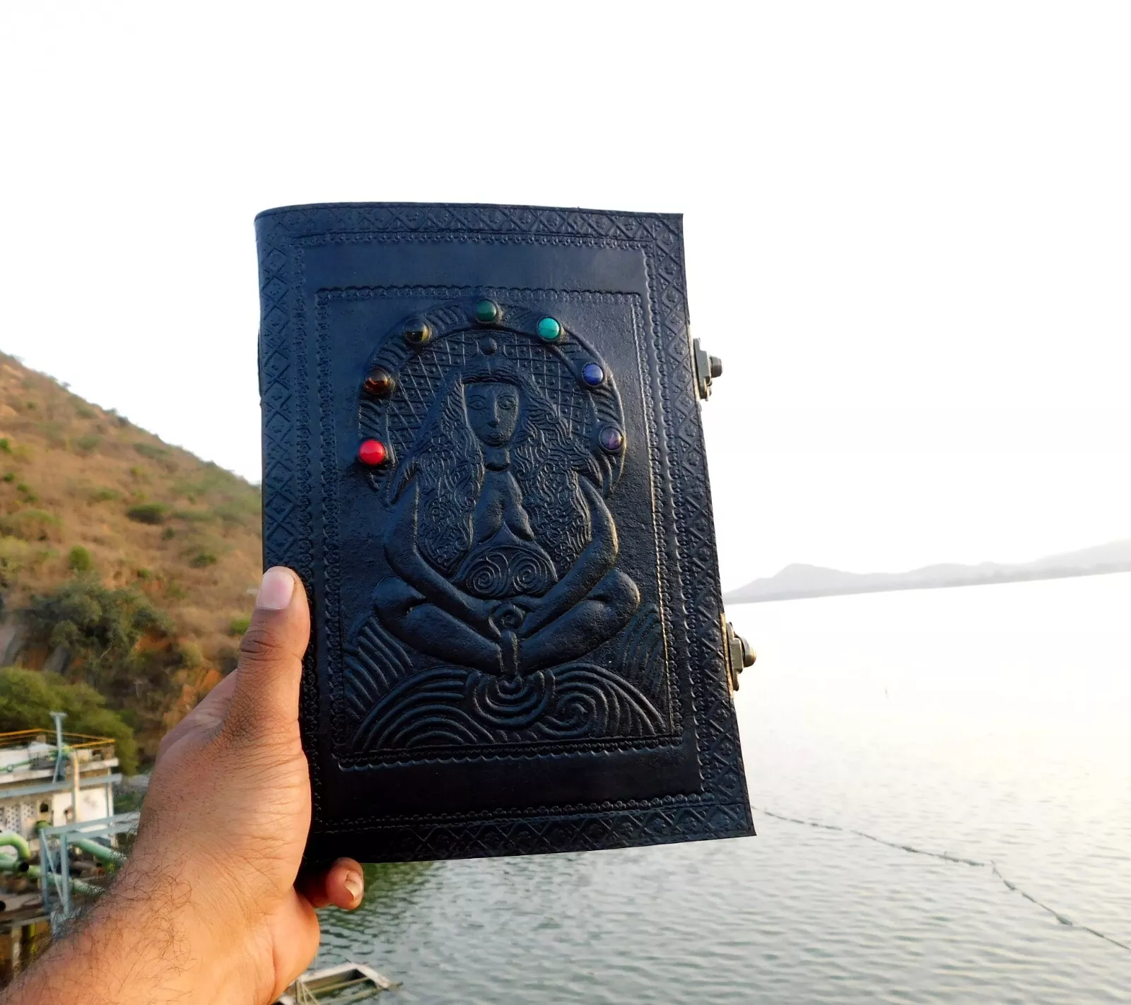 Handcrafted Embossed Vintage Design Leather Bound Journal Diary 7 Stone Grimoire Spell Blank Notebook For Men & Women
