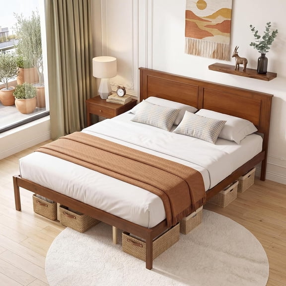 Queen Size Bed Frame, Farmhouse Wooden Platform Bed with Headboard | Mid-Century Modern Mattress Foundation with Under-Bed Storage Space, Wood Slat Support, No Box Spring Needed (Walnut,Queen)