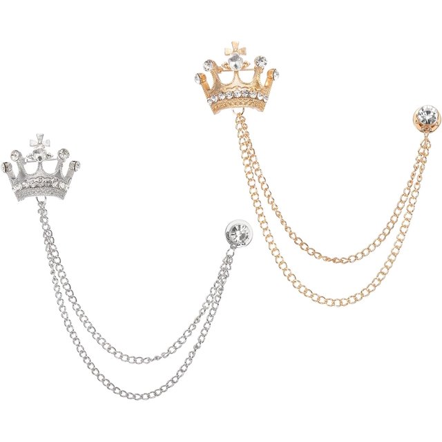 HUGFEGWE Crown Hanging Chain Brooch Pins, Rhinestone Suit Pins Fashion Crystal Lapel Pins UA824-3106