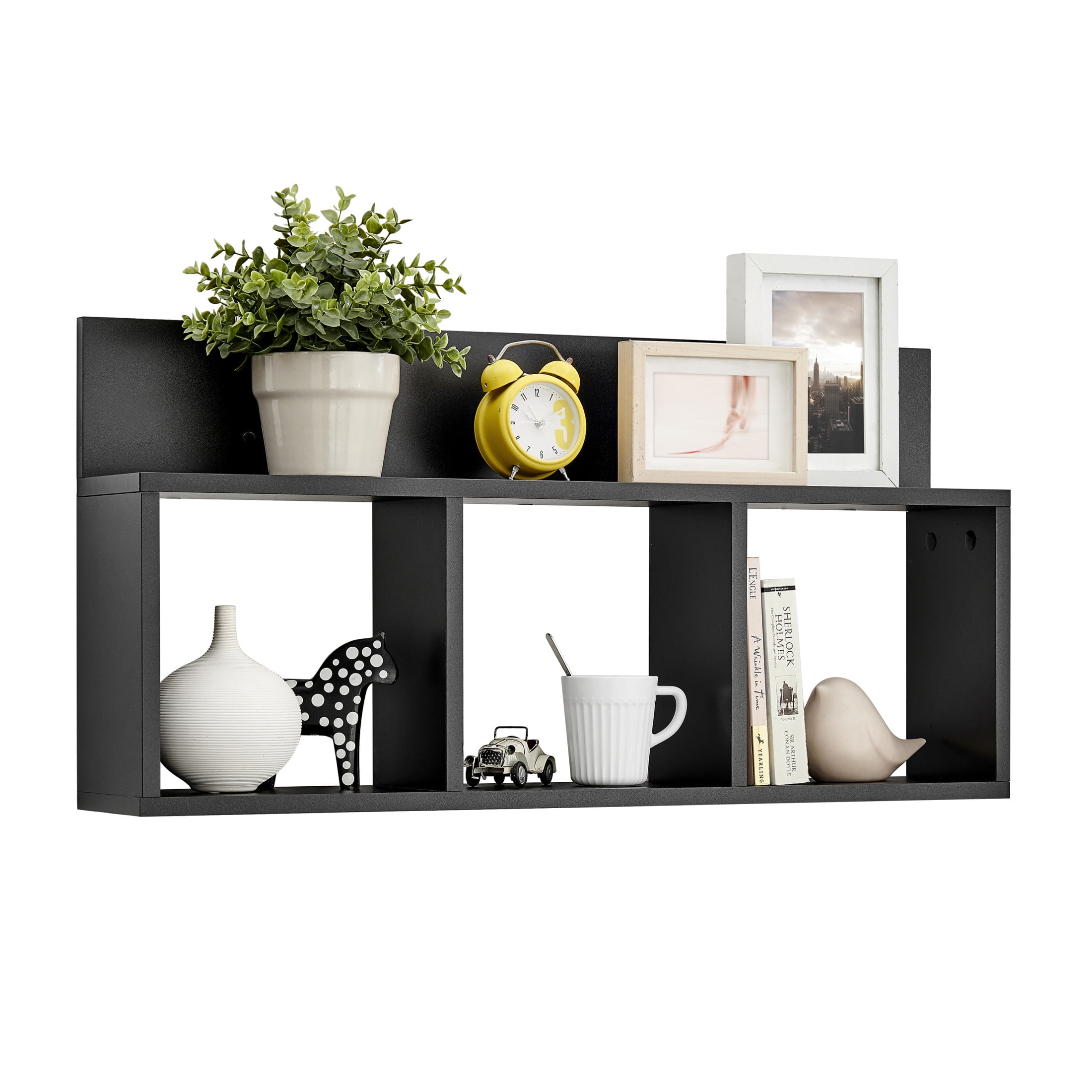 Danya B. Modern 3 Cube Floating Wall Shelf with Display Ledge - Easy to Hang Wall Mounted Triple Cubby Shelf - Black