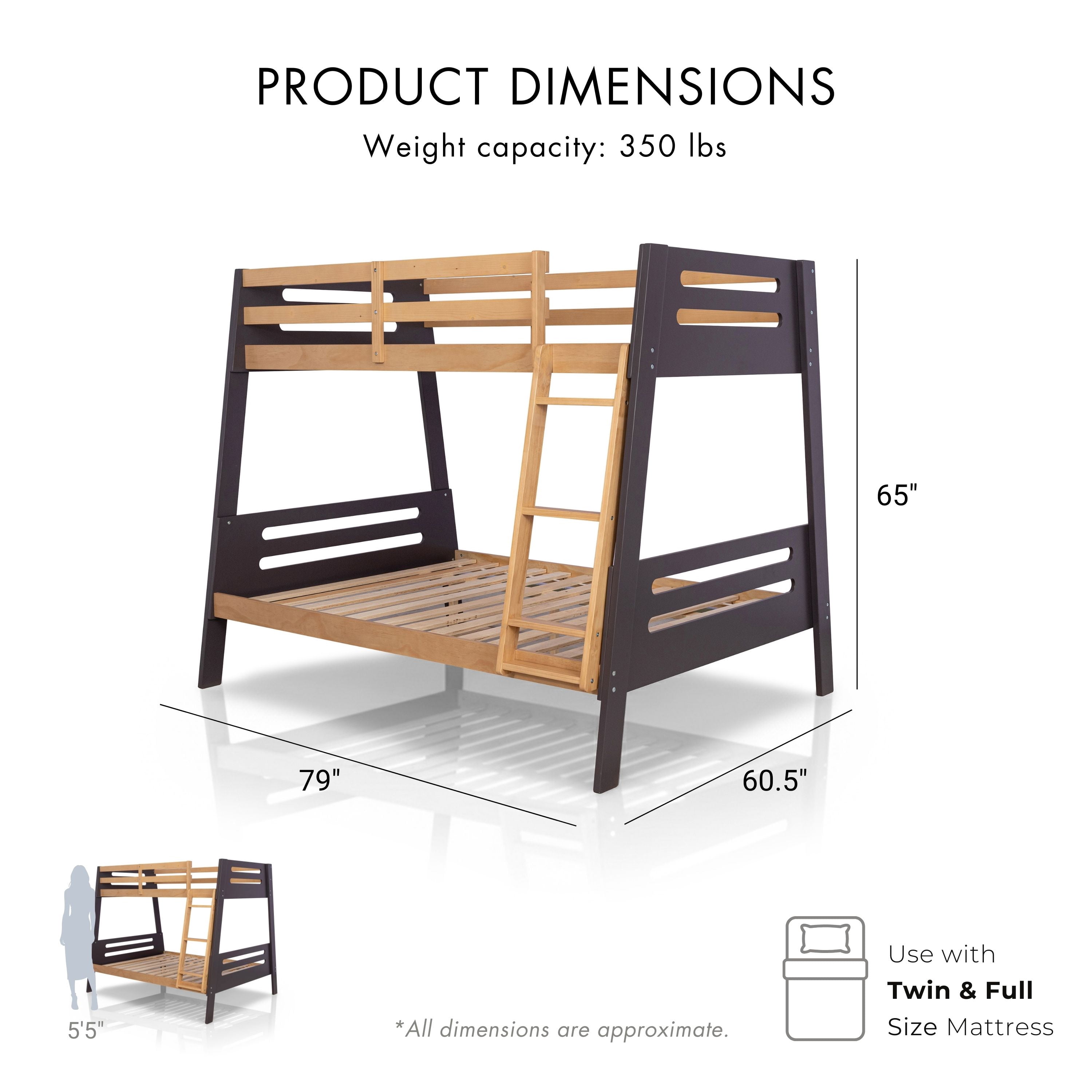 Furniture of America Emmie Kids Solid Wood Twin over Full Bunk Bed with Angled Ladder, Mauve and Oak