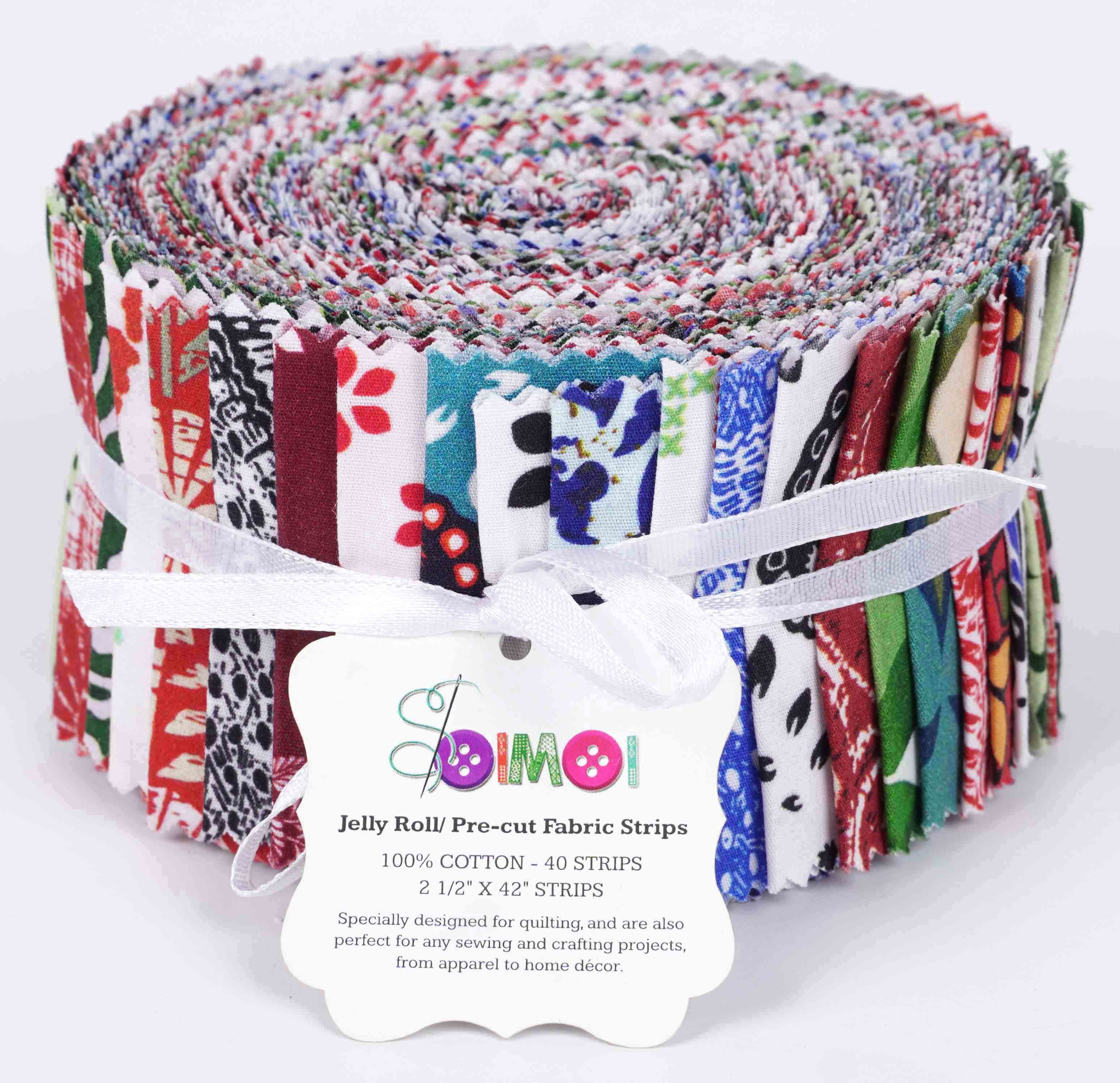 Soimoi 40Pcs Block Print Cotton Precut Fabrics For Quilting Craft Strips 2.5x42inches Jelly Roll - Multicolor