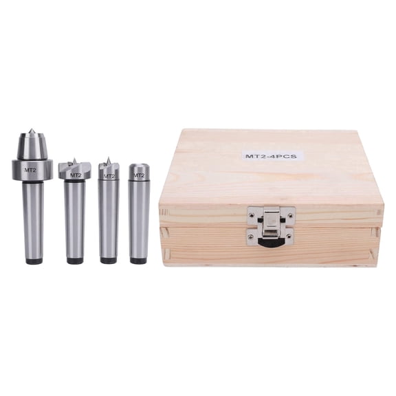 Yajisi 4‑Piece MT2 Wood & Metal Lathe Drive & Live Center Set with Spur, Cup, and Wooden Storage Box