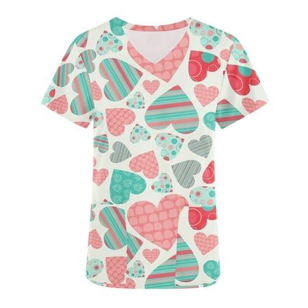 

Valentines Day Gifts for Her Ozmmyan Womens Tops Valentines Scrubs for Women Short Sleeve V-neck Tops Working Uniform Valentine s Day Print With Pockets Blouse Shirts for Women End of Year Clearance