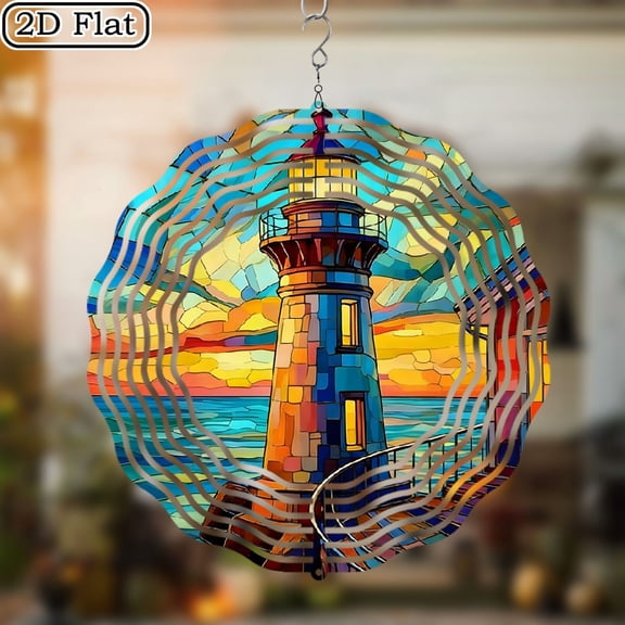 2D Flat - Boho Style Metal Lighthouse Sunset Wind Spinner with Tinkle Bell Chime, 10-Inch, Wall Hanging Decor for Indoor Outdoor Garden, Yard Patio - Ideal for Christmas, Halloween, Easter, Ho