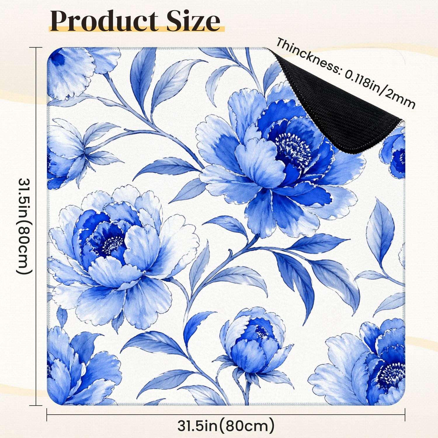Mahjong Mat 31.5" x 31.5" Blue Floral Abstract Hibiscus Flowers Soft Leaves Non-Slip Noise Reduction Mahjong Tiles Table Cover for Dominoes Poker Card Board and Tile Games