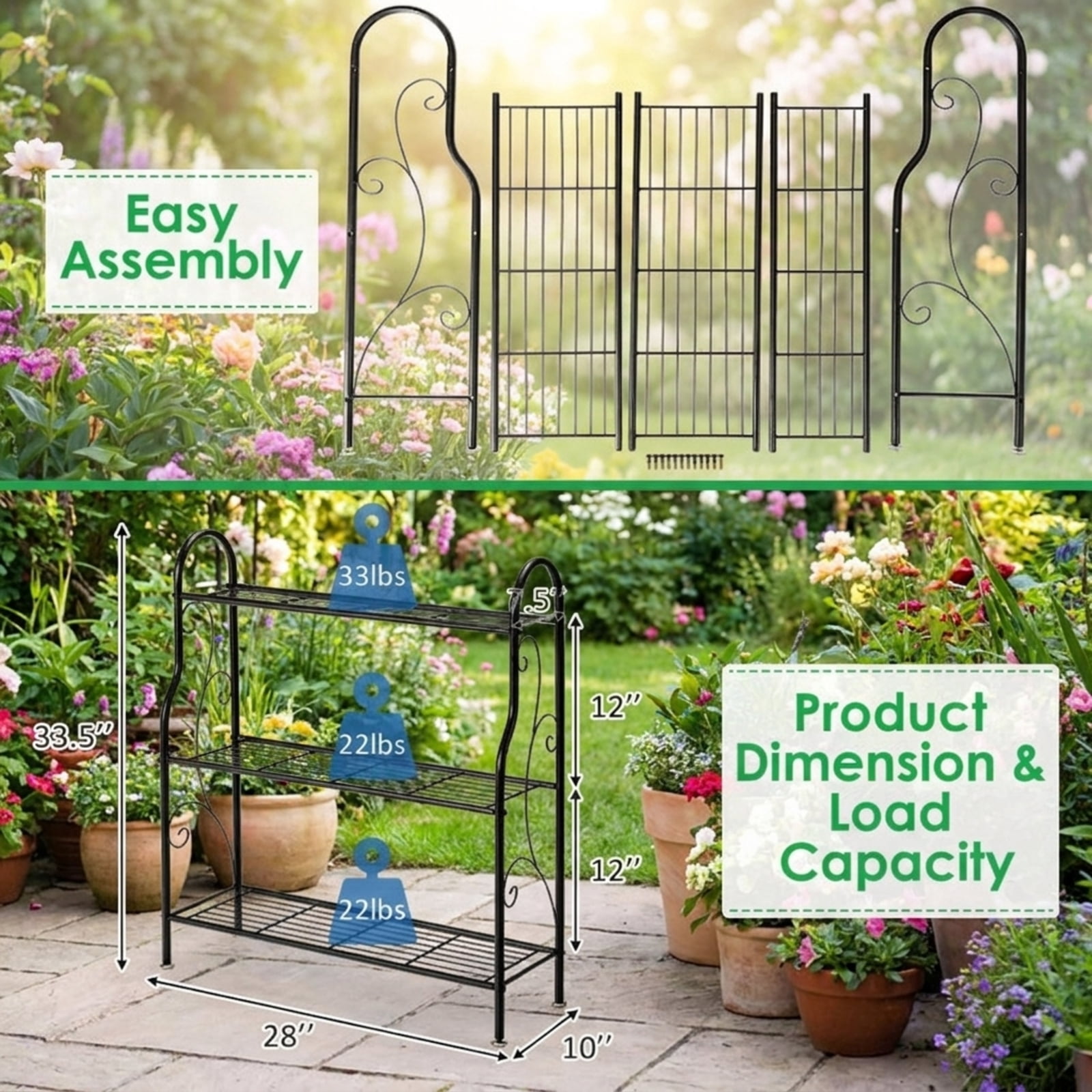 Biotree 3-Tier Scrollwork Designed Metal Plant Stand for Indoor Outdoor Patio Balcony Garden, Black