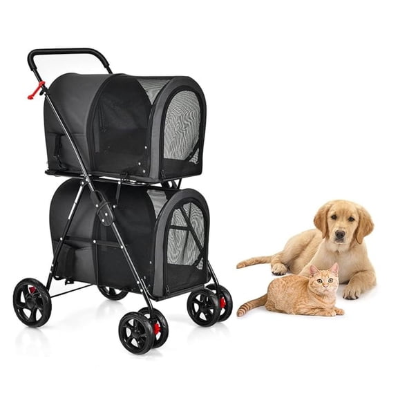 Double Dog Stroller, Foldable Pet Stroller for 2 Dogs & Cats Small Medium Sized with Detachable on Wheels for Car Seat Walking Camping Travel (Black)