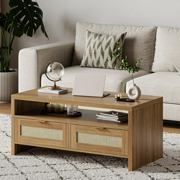 M optimized Coffee Table, Boho Rattan Coffee Tables with 2 Drawer, Vintage Coffee Table with Storage Shelf, Wooden Coffee Table for Living Room, Office
