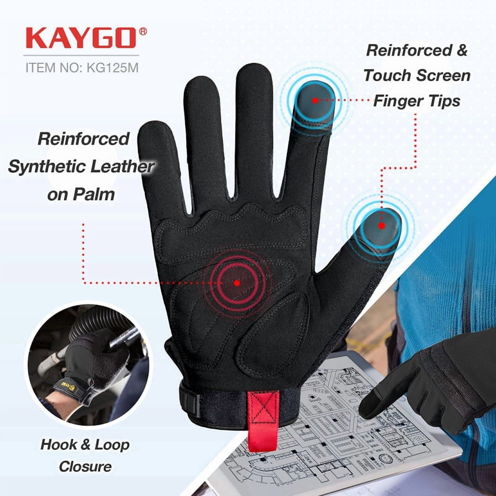 KAYGO Work Gloves For Men, KG125M Mechanic Utility Work Gloves for All Purpose, Excellent Grip, Heavy Duty, Improved Dexterity, Touch Screen, Black, M