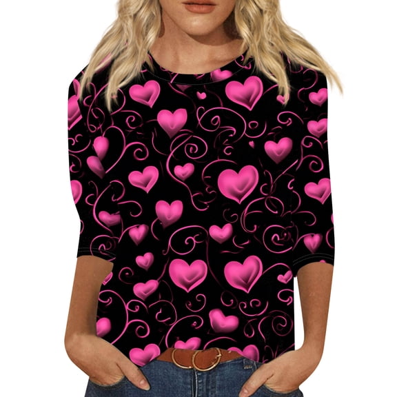 Fgvctg Womens Valentine's Day Tops Casual 3/4 Length Sleeve Crewneck Shirts Cute Date Night Pullover Top Loose Cute Love Heart Graphic Half Sleeve Blouse Black M
