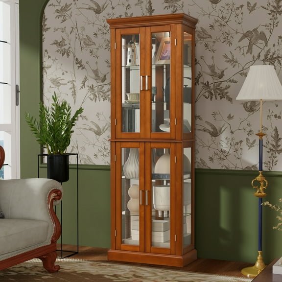 Light Walnut Color Curio Cabinet 6 Tier Lighted Curio Display Cabinet with Adjustable Shelves and Mirrored Back Panel, Tempered Glass Doors(E26 light bulb not included)