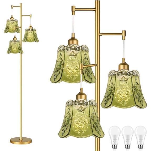 Gold Floor Lamp for Living Room,Bedroom,Tree 3 Light Standing Lamp Mid Century Modern Brass Tall Floor Lamps Vintage Retro Floor Lights Glass Green Flower Lamp Shade Farmhouse Boho Bohemian