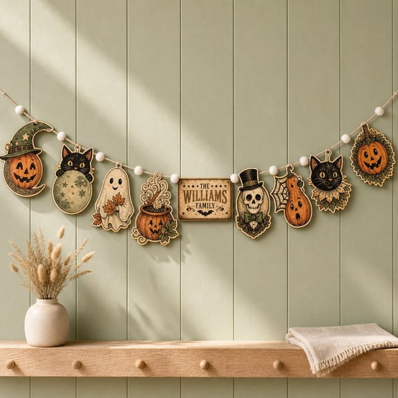 Garland Vintage Black Cat Ghost Pumpkin Wooden Mantel and Fireplace Decor for Halloween Parties