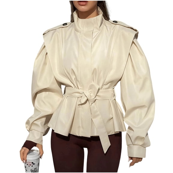 GigrtiJin Casual Jacket for Women Solid Color Lapel Long Sleeve Outwear with Belt Versatile Elegant Outcoat