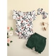 thumbnail image 2 of Newborn Girl Short Pants Outfits, Short Sleeve Leaf Printed Romper + Solid Color Shorts +Headband Set, 2 of 9
