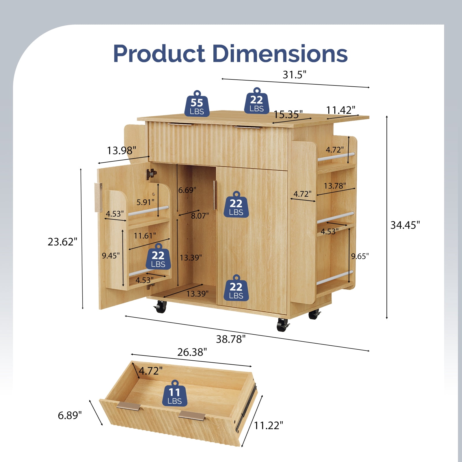 2-Door 1-Drawer Grille Food Cart Gold-Plated Aluminum Alloy Door Handles Vacuum-Formed Door Panels Rubberwood Countertop MDF Sideboard, 31.5*26.69*35.04in Oak