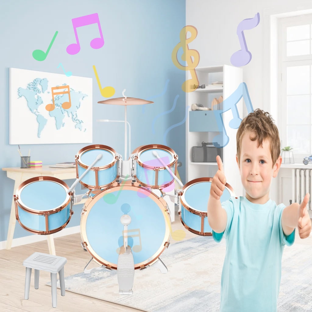Felizhus kids drum set with stool and pedal - beginner jazz drum kit for boys and girls ages 3-8 - musical toy for birthday, christmas or children's day